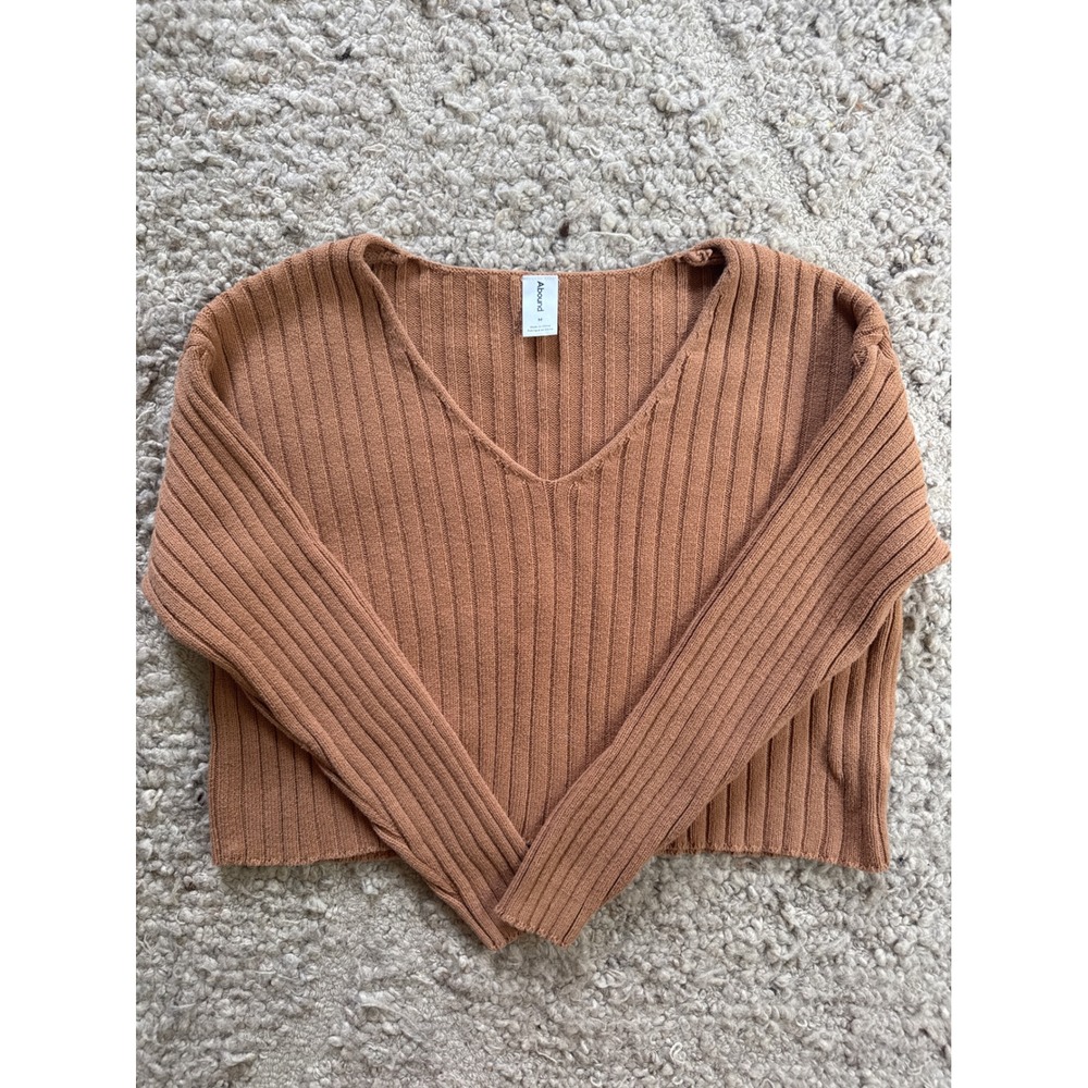 Abound Womens Ribbed V-Neck Cropped Sweater Camel Brown XX7502 Size M